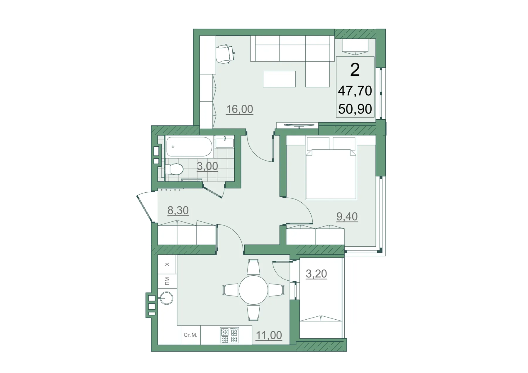 Планировка 2-комнатной квартиры 50,9 м² в ЖК Мята — кухня-гостиная 16 м², раздельный санузел